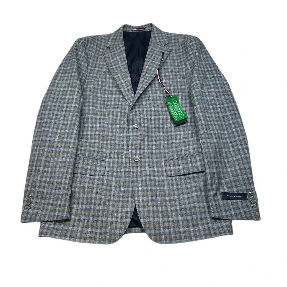 Tommy Hilfiger Check Sport Coat Mens 38R 36 Blue Tan Plaid Flex $295 NEW